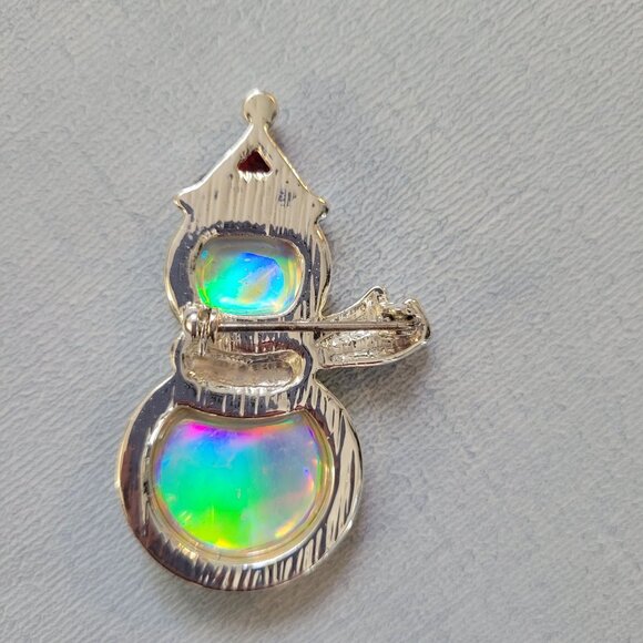 Opalescent & Silver Snowman Brooch Pin With Red Hat - Picture 2 of 4